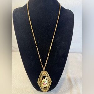 Antique French Victorian Art Nouveau Guilloche Enamel Pendant Bar Linked Chain